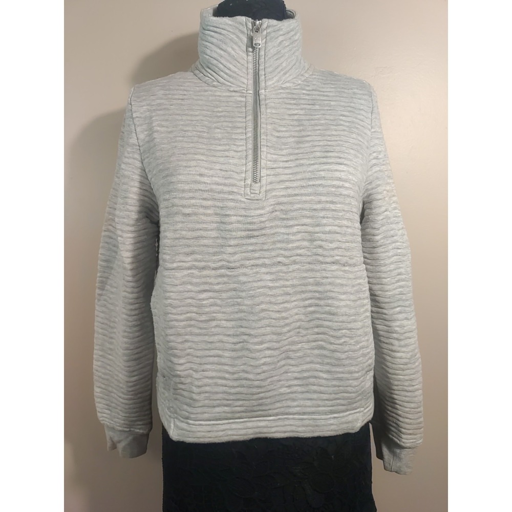 athleta Women Heather Grey Ribbed Quarter Zip Pockets Knit Top Size S